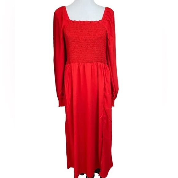 LA Ligne Smocked Bodice Midi Red Dress 4X Christmas Holiday Women's NWT - Picture 7 of 11